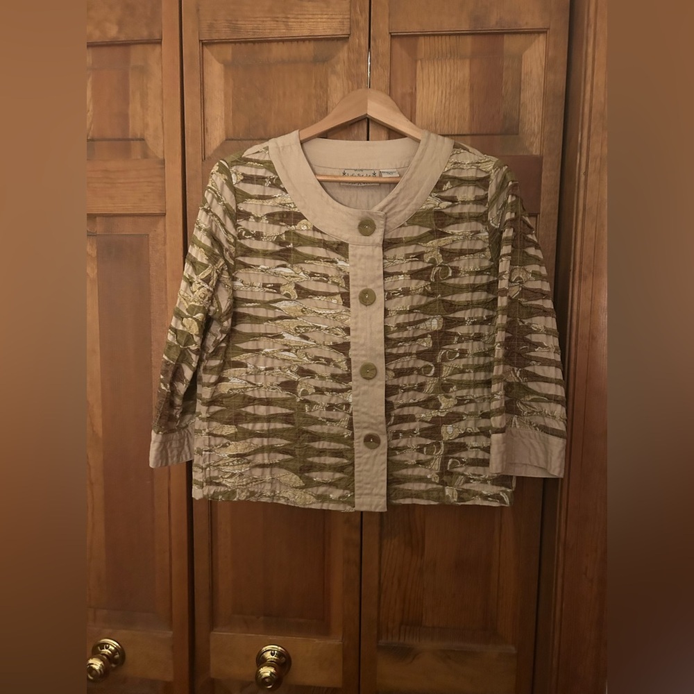 Life Style Women’s Sz L Tan & Green Cotton Textured Button Down Blazer